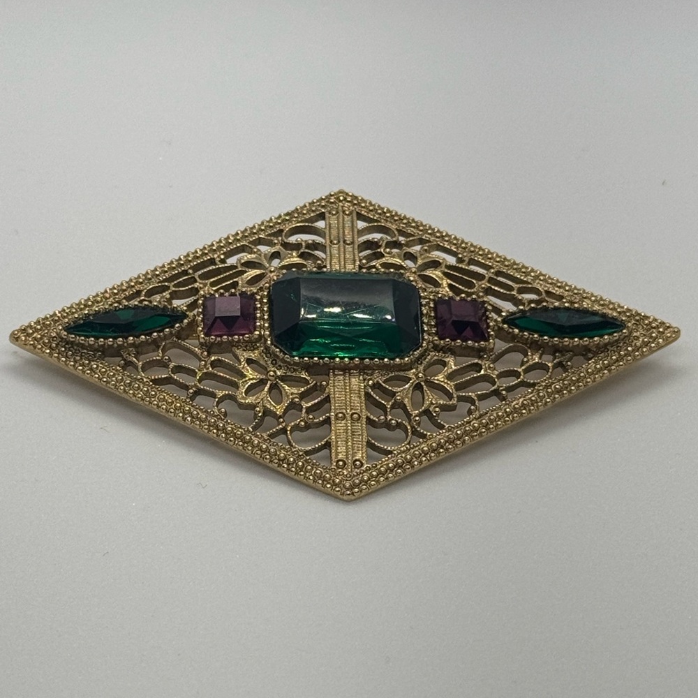 Vintage Gold Filigree Brooch with Green and Purple Stones